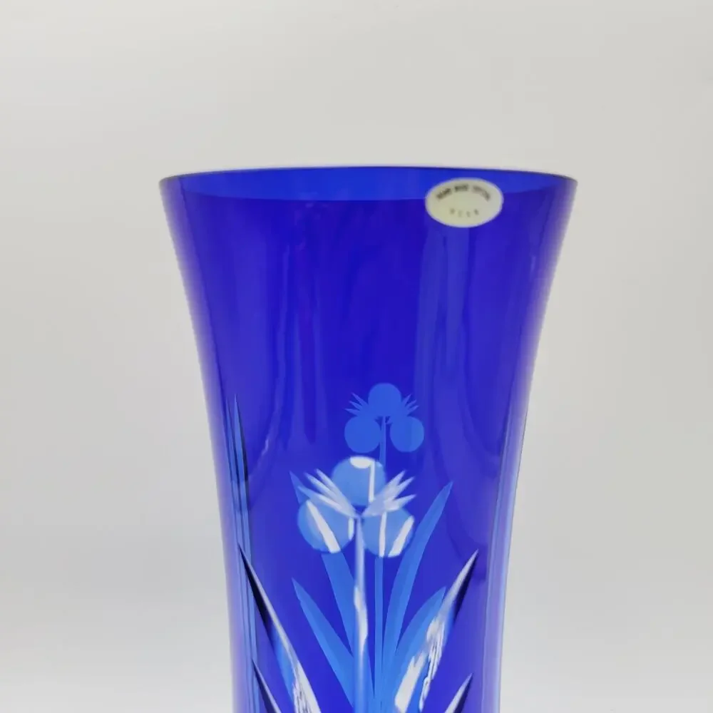 Vtg USSR Russian Badash Vase Cobalt Blue Cut to Clear Crystal Glass 10